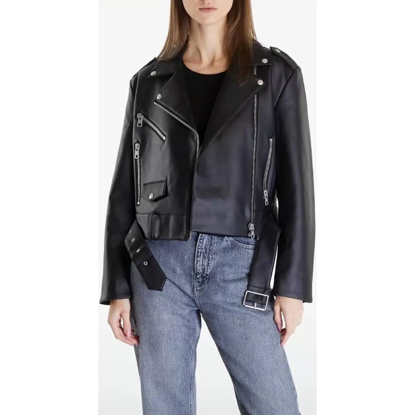 CALVIN KLEIN JEANS Odinė striukė moterims, Juoda, Biker jacket 3
