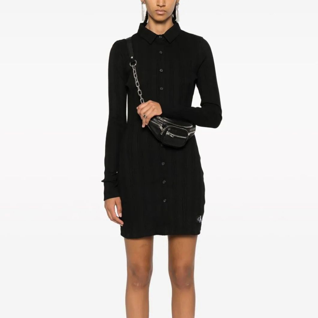 CALVIN KLEIN JEANS Midi suknelė moterims, Juoda, Badge elongated rib shirt dres 2
