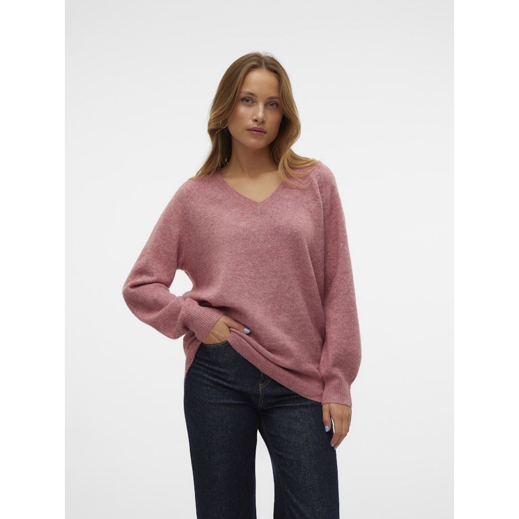 VERO MODA Megztinis moterims, Rožinė, Leaf long v-neck pullover 2
