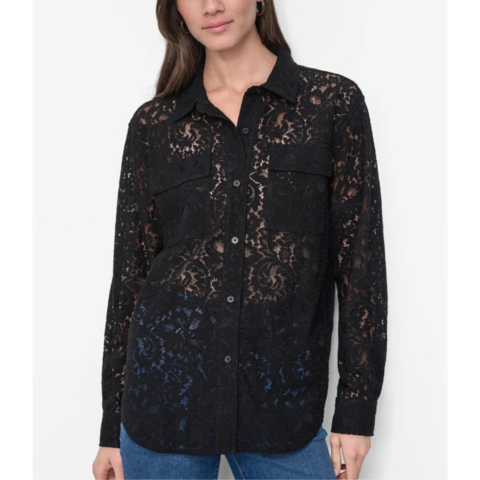 DKNY Marškiniai ilgomis rankovėmis moterims, Juoda, Lace long sleeve but 1