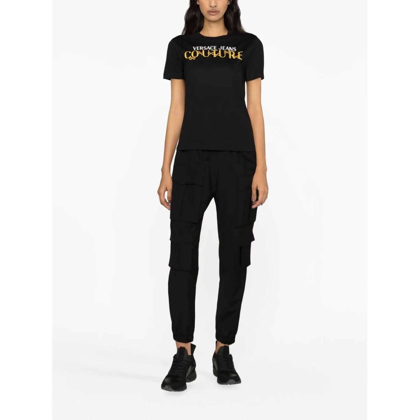 VERSACE JEANS CUTURE Marškinėliai trump. rankovėmis moterims, Juoda, Jersey stretch tee 2