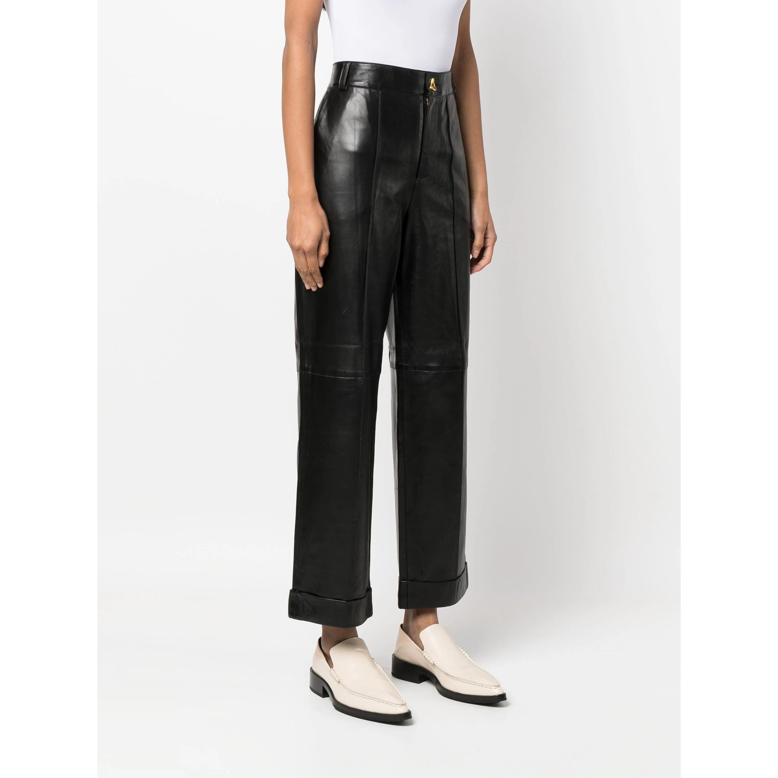 AERON Odinės kelnės moterims, Juoda, Leather cuffed pants 2