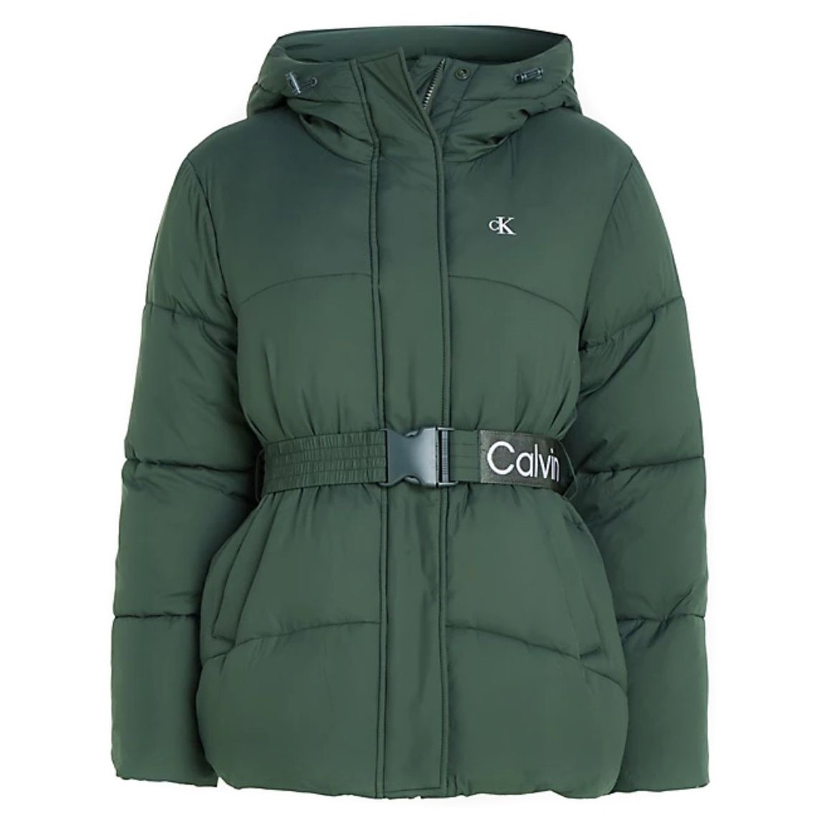 CALVIN KLEIN JEANS Pūkinė striukė moterims, Žalia, Logo belt short puffer 1