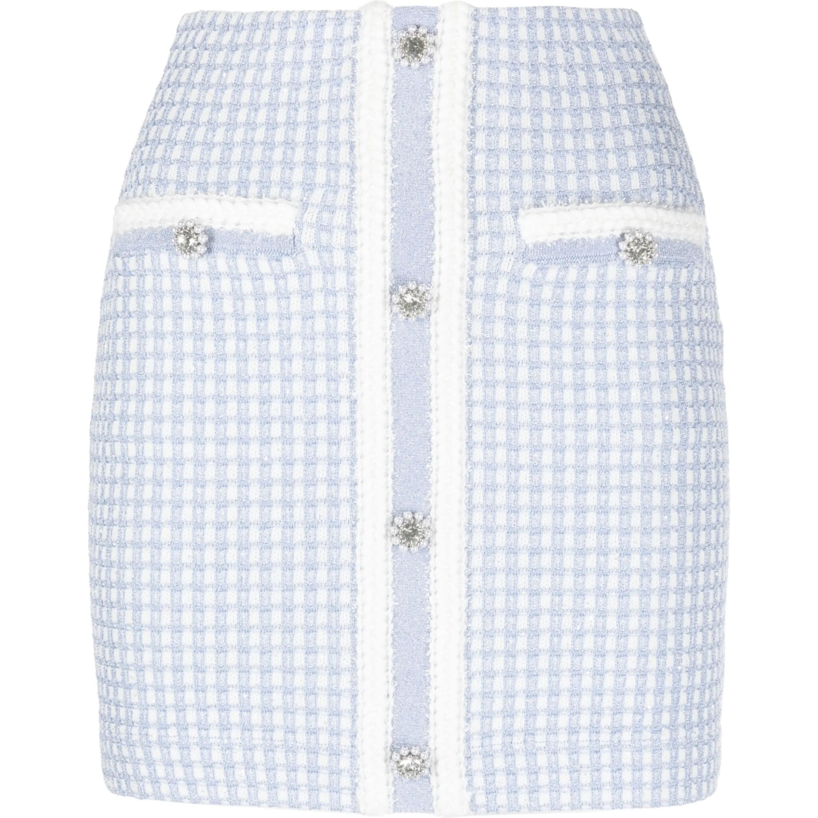 SELF PORTRAIT Mini sijonas moterims, Mėlyna, Blue lurex knitted mini skirt