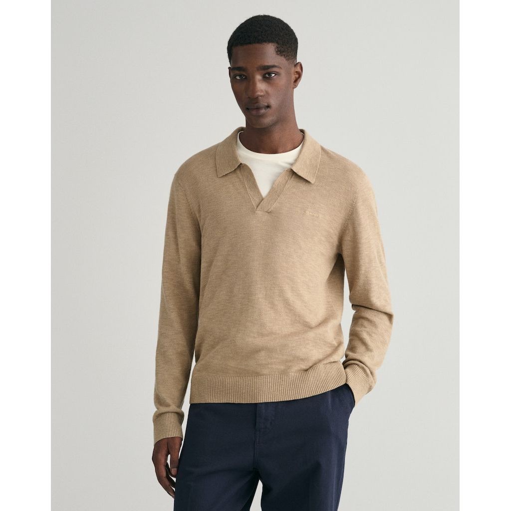 GANT Polo marškiniai ilgos rank. vyrams, Chaki, COTTON LINEN OPEN POLO 2