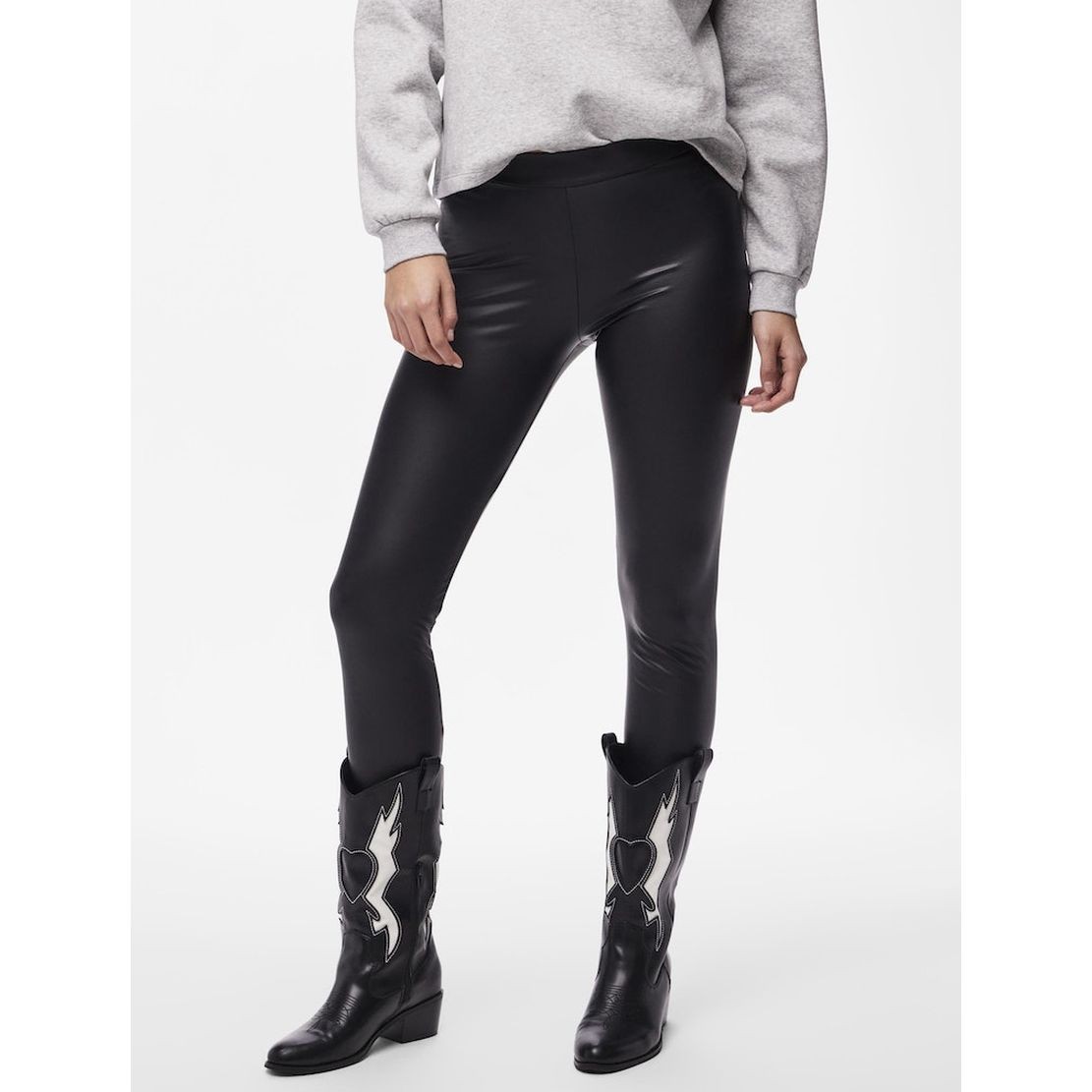 PIECES Odinės kelnės moterims, Juoda, New shiny fleece leggings 3