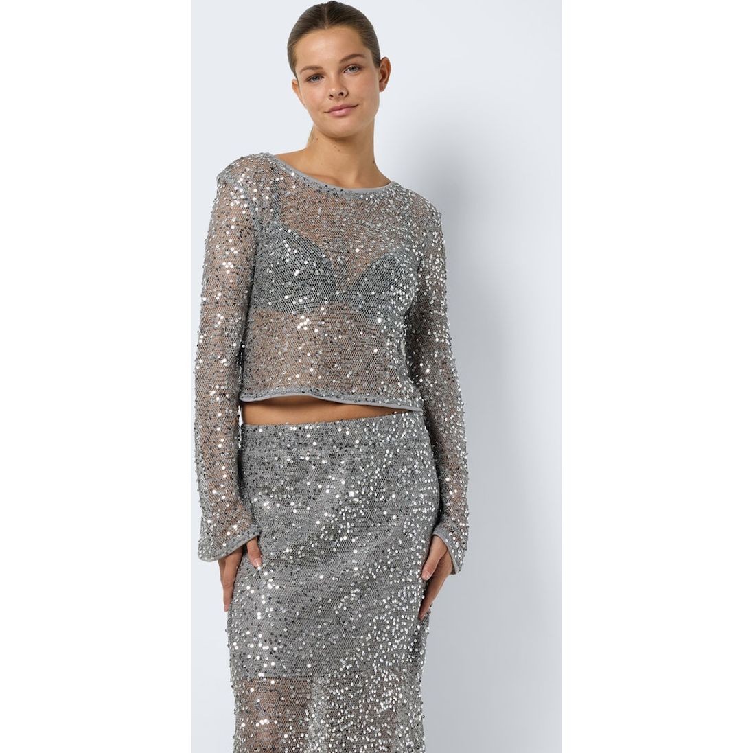 NOISY MAY Palaidinės moterims, Sidabrinė, Paila cropped bell sleeve top 5