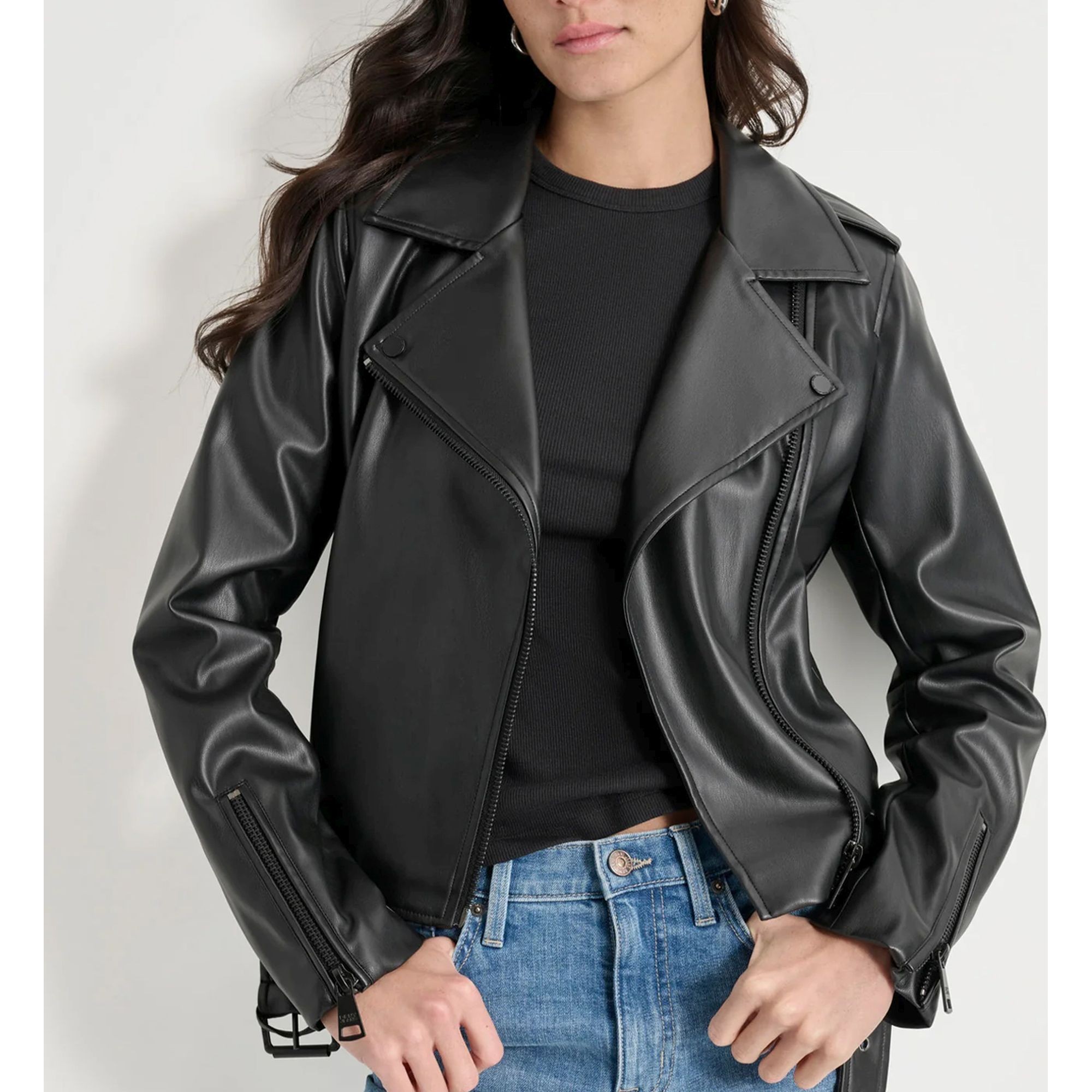 DKNY Odinė striukė moterims, Juoda, Faux leather moto jackets
