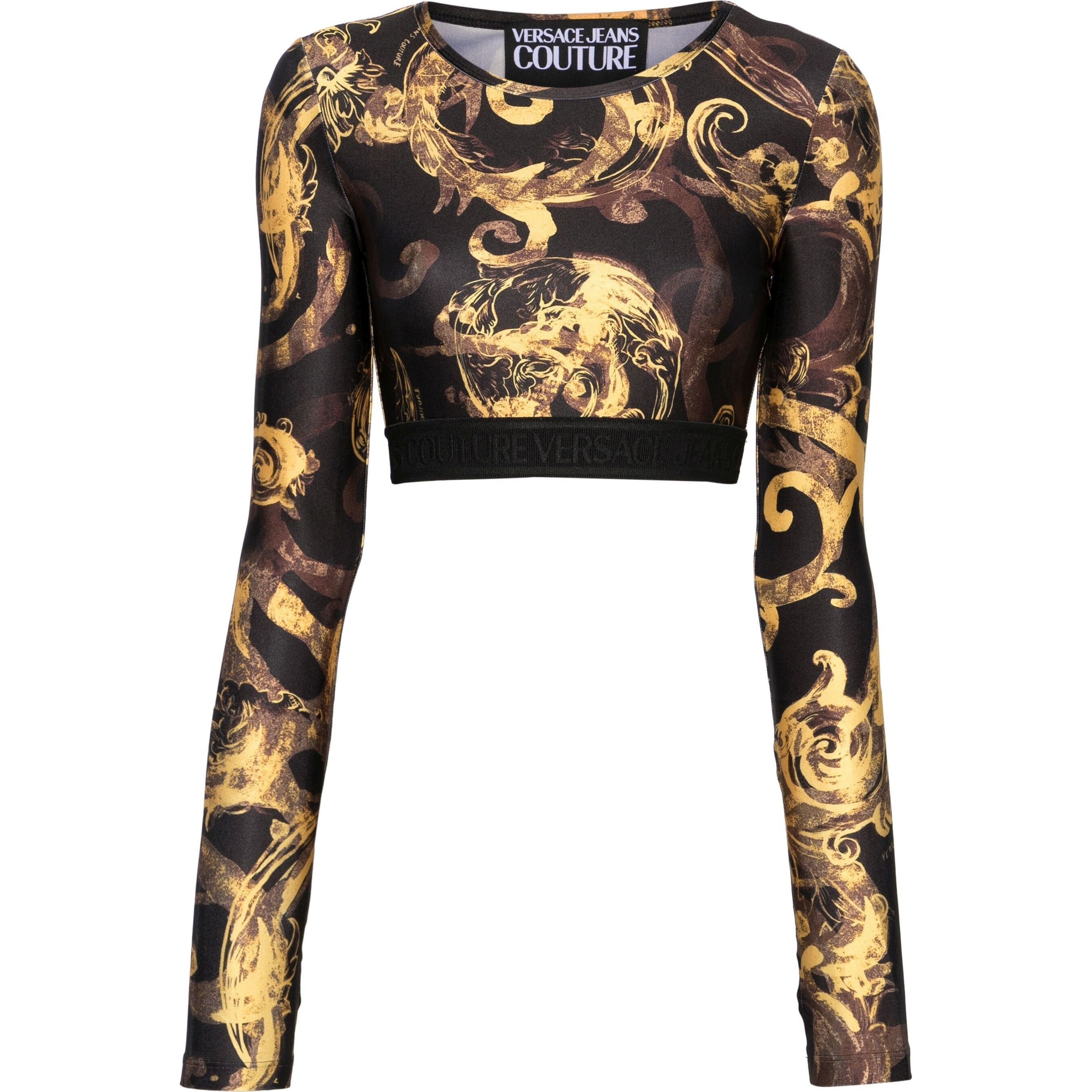 VERSACE JEANS CUTURE Trumpinti marškinėliai moterims, Juoda, Baroque-print cropped top