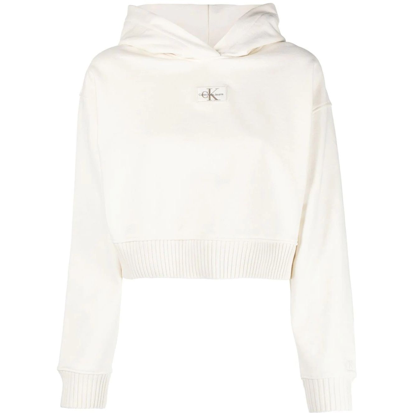 CALVIN KLEIN JEANS Džemperis moterims, Balta, Badge wide sleeves crop hoodie 1