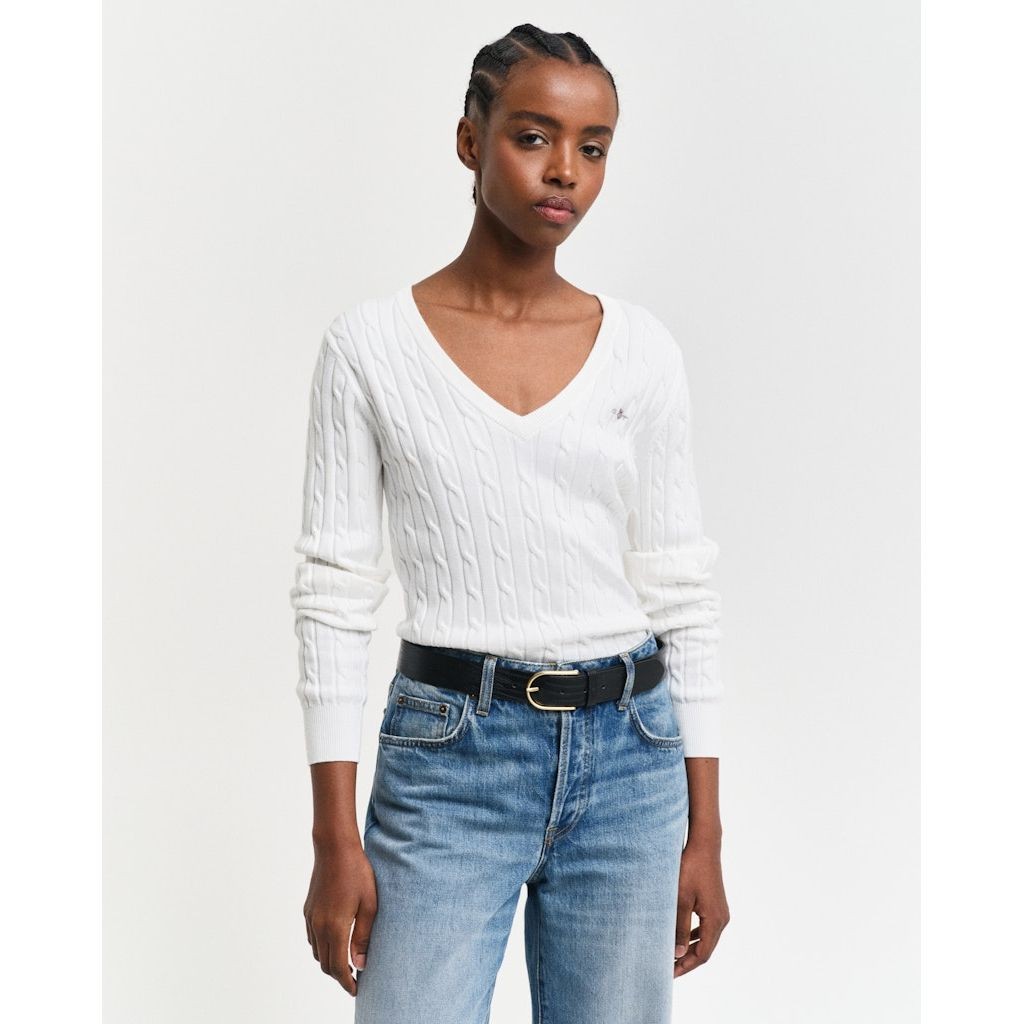 GANT Megztinis moterims, Geltona, STRETCH COTTON CABLE V-NECK 2