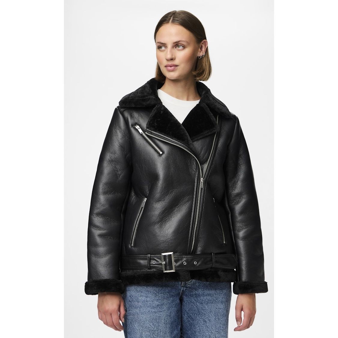 PIECES Striukė moterims, Juoda, PCNORA AVIATOR PU JA 5