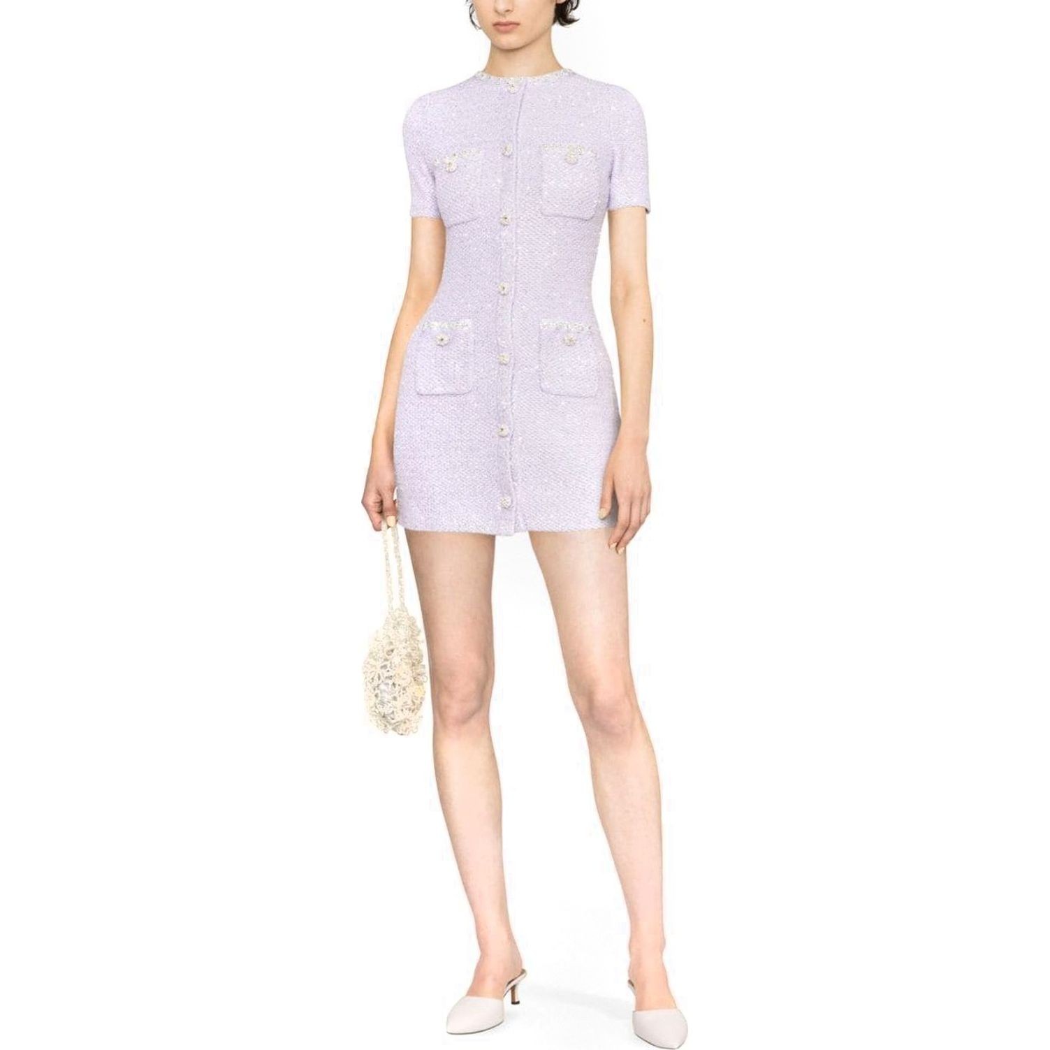SELF PORTRAIT Mini suknelė moterims, purple, Lilac sequin knit mini dress 2