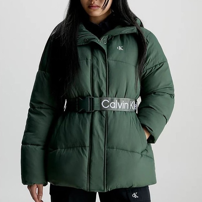 CALVIN KLEIN JEANS Pūkinė striukė moterims, Žalia, Logo belt short puffer 2