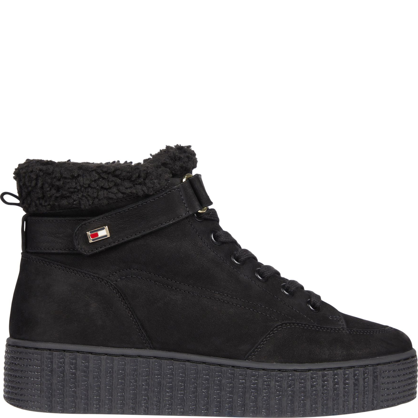 TOMMY HILFIGER Pašiltinti aulinukai moterims, Juoda, Faux fur low lace-up booties 1