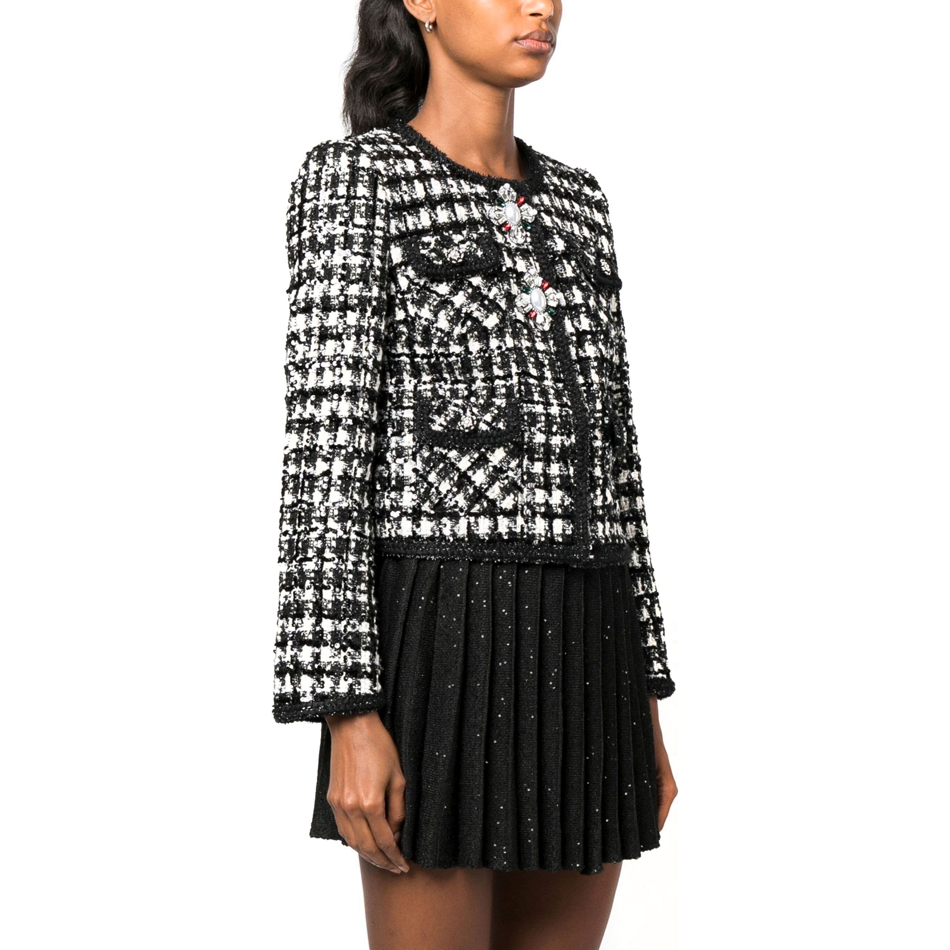 SELF PORTRAIT Švarkas moterims, Juoda, Black check boucle jacket 2