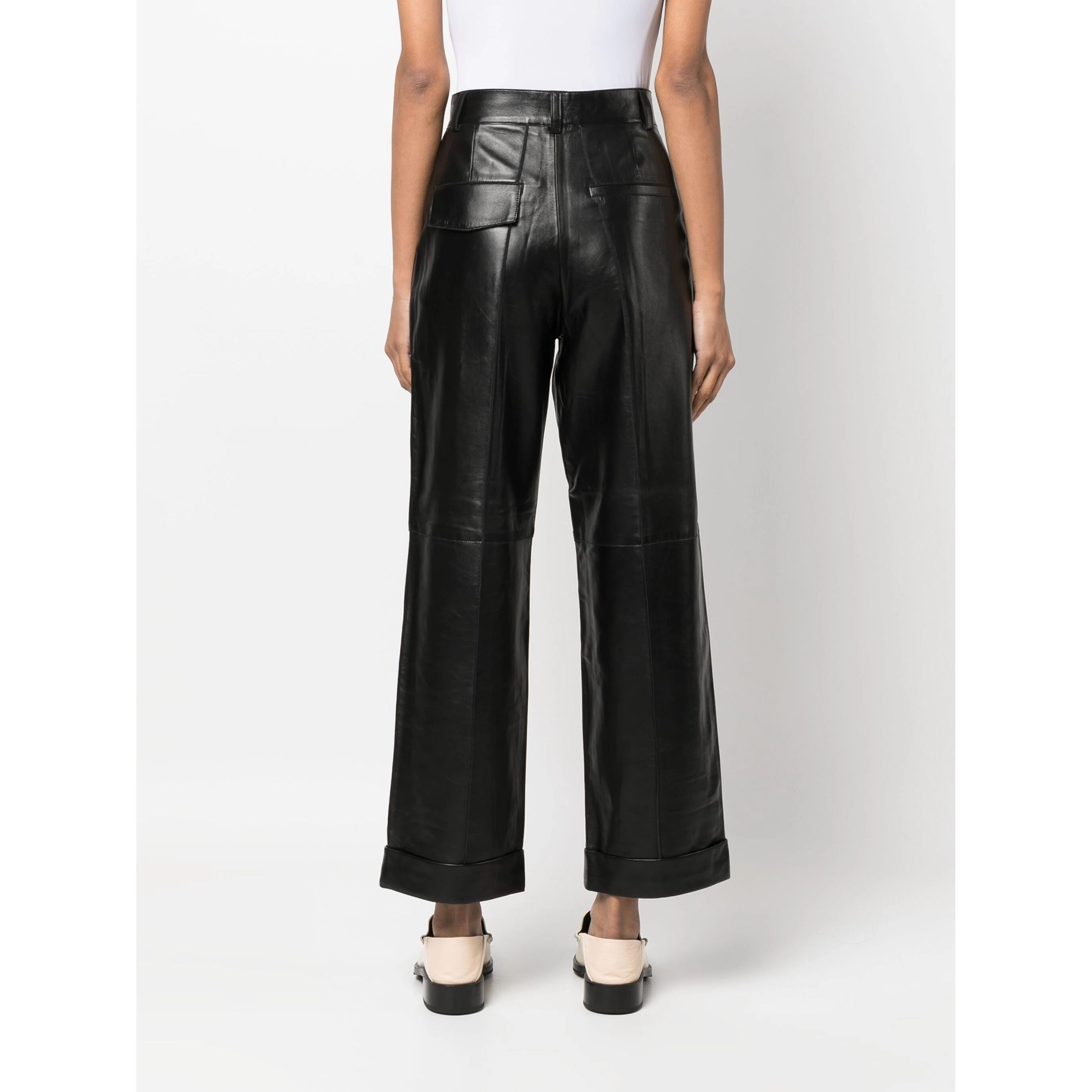 AERON Odinės kelnės moterims, Juoda, Leather cuffed pants 3