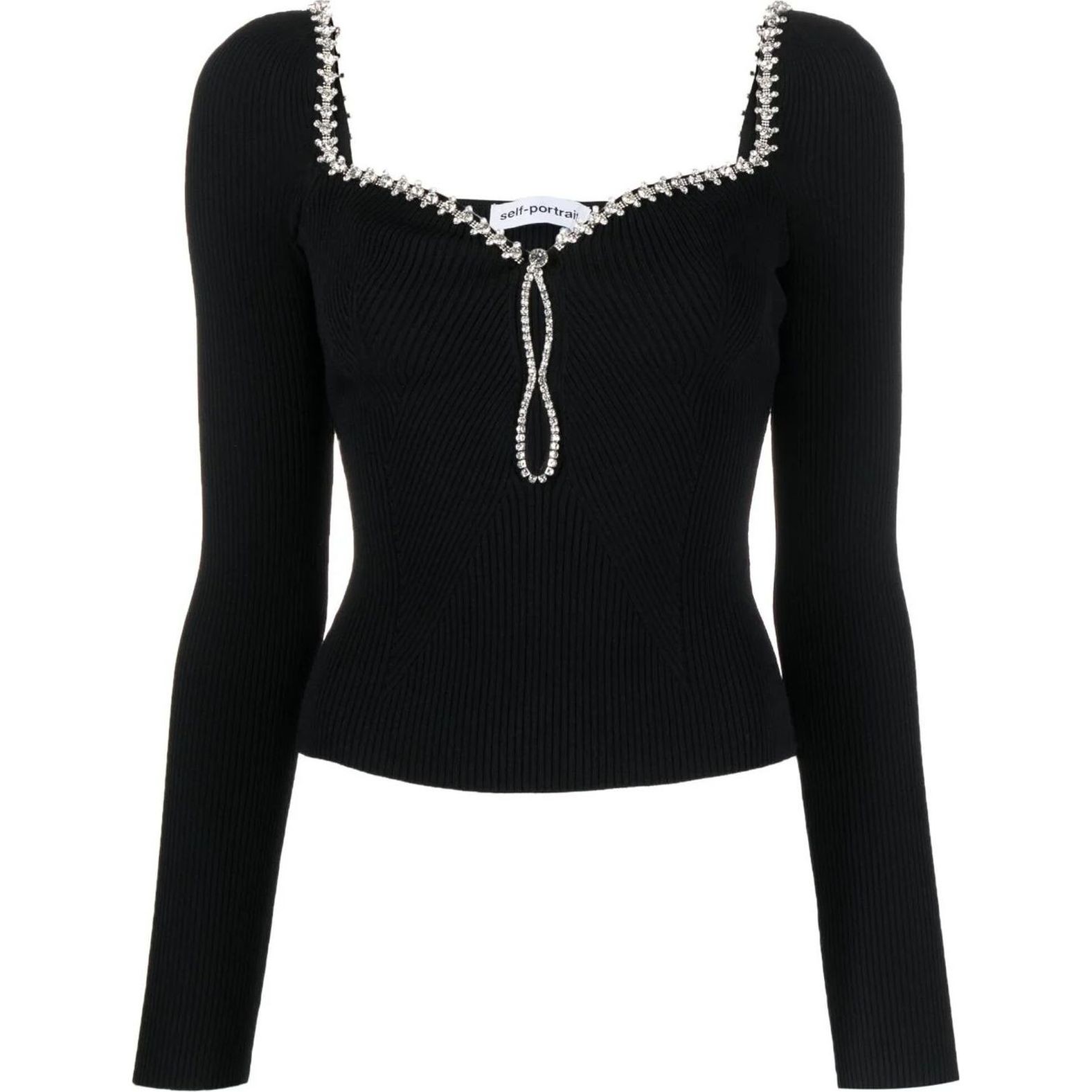 SELF PORTRAIT Palaidinės moterims, Juoda, Black knit diamante top 1