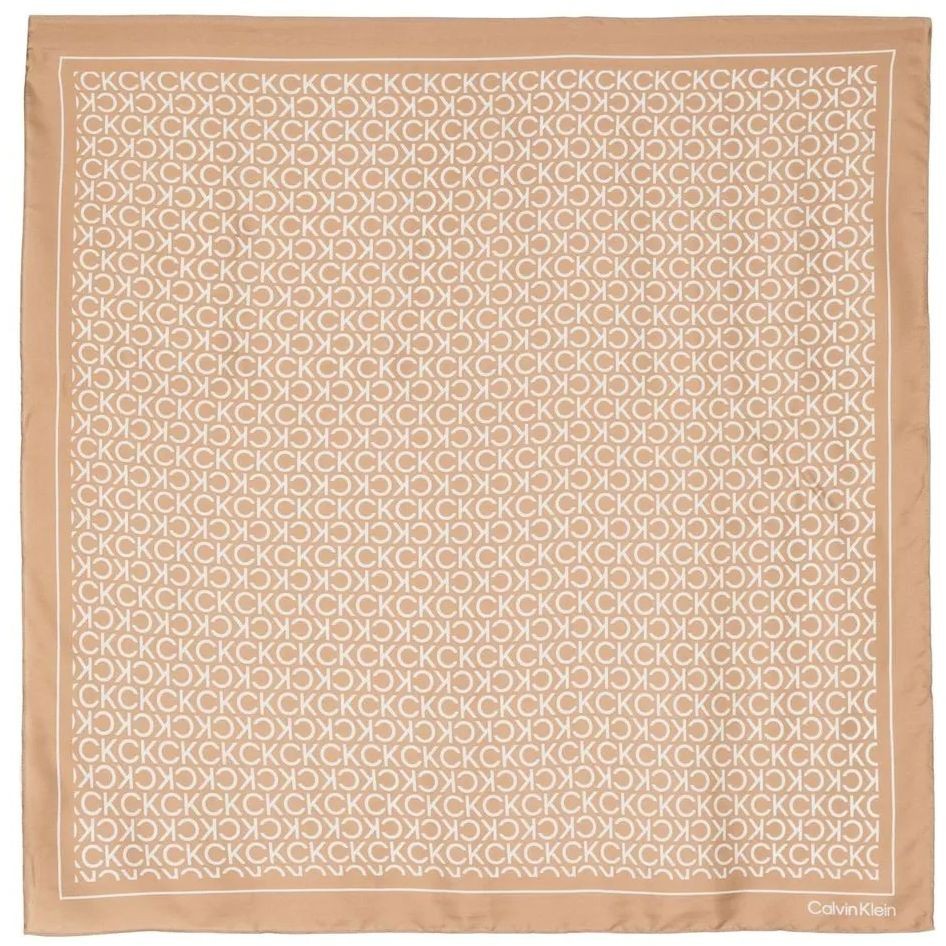 CALVIN KLEIN Šalikas moterims, Smėlio, MONOGRAM SILK BANDANA 70X70 1