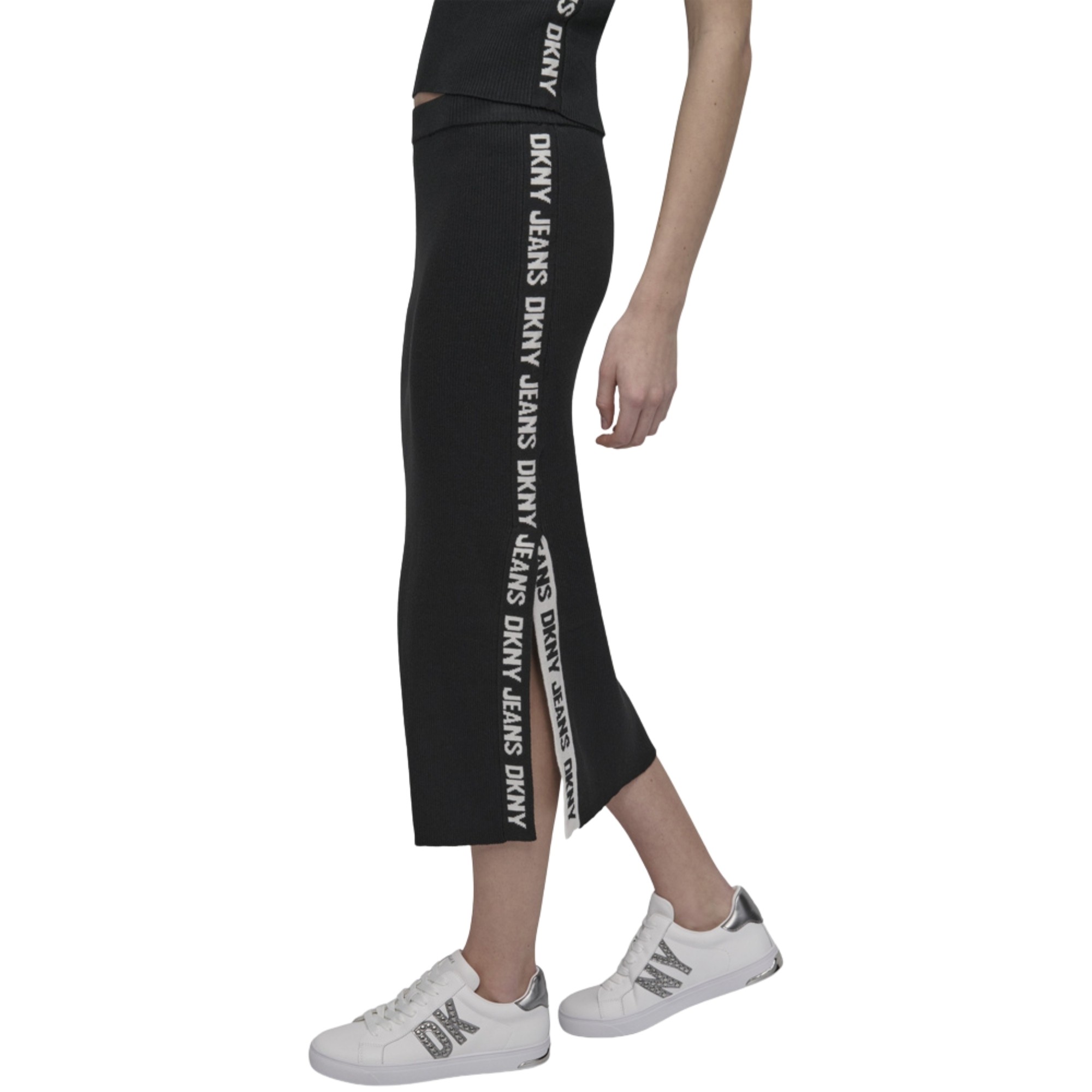 DKNY Midi sijonas moterims, Juoda, Side logo rib midi skirt 4