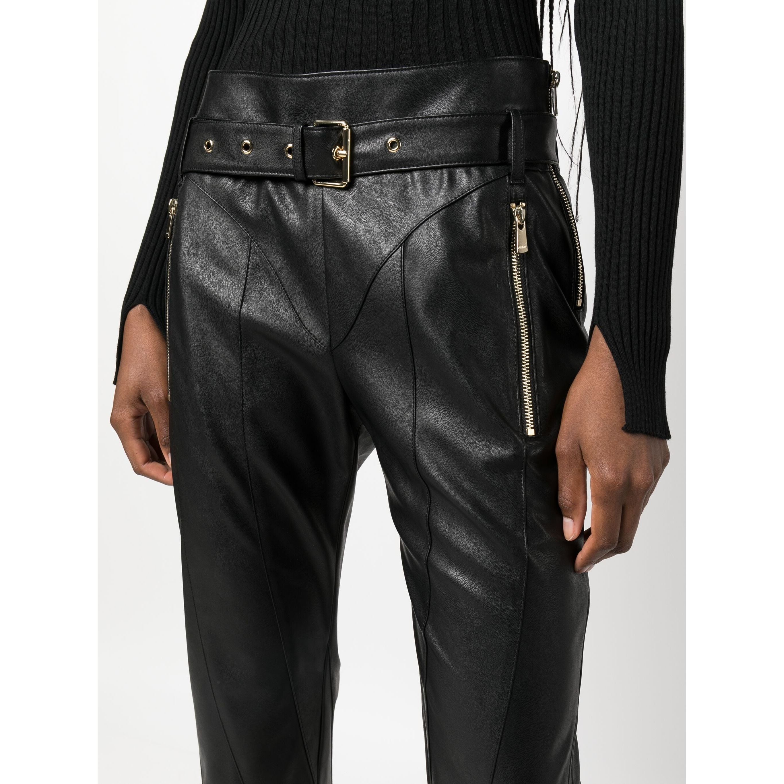 PINKO Odinės kelnės moterims, Juoda, Hardware trousers 4