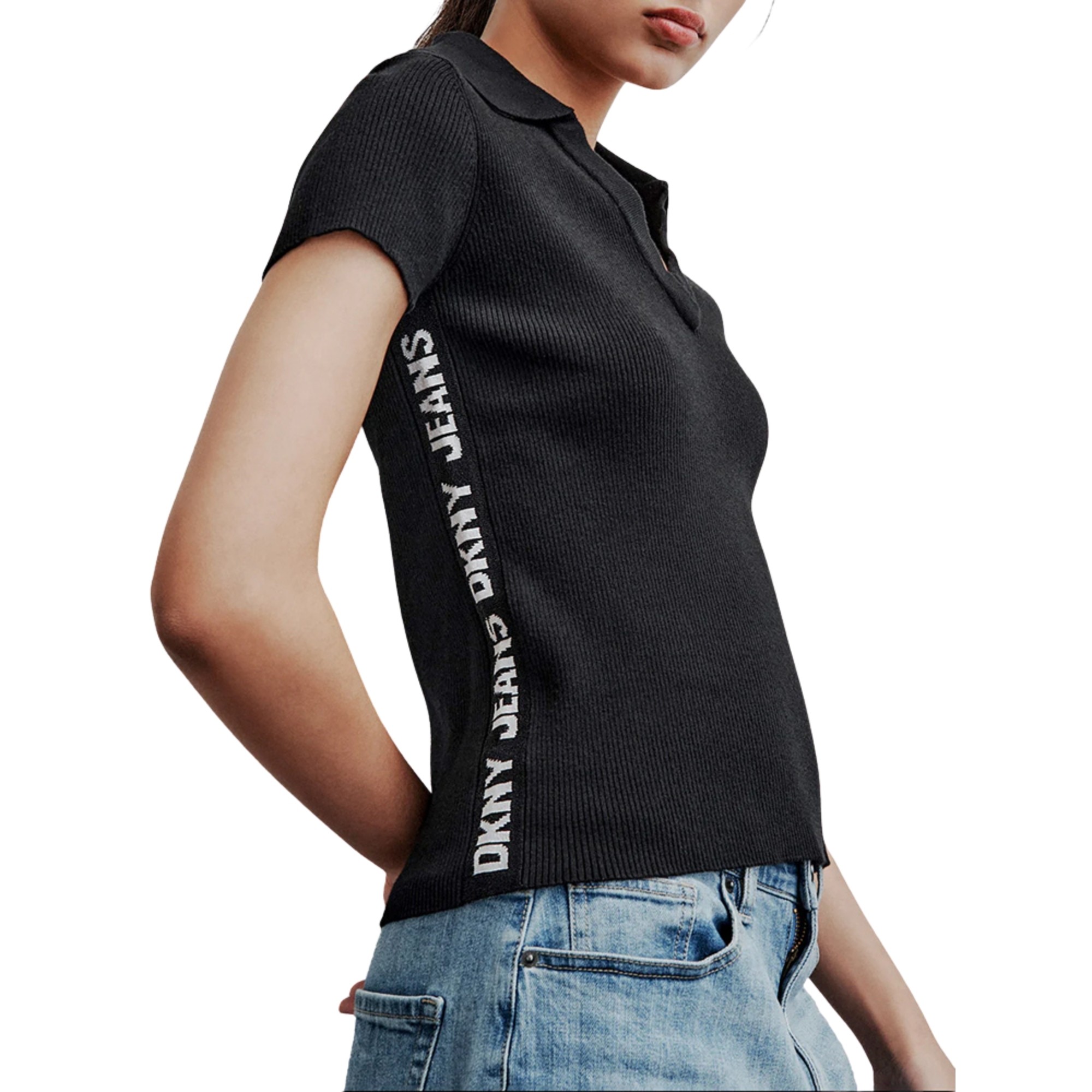 DKNY Megztinis moterims, Juoda, Side logo rib v-neck 3