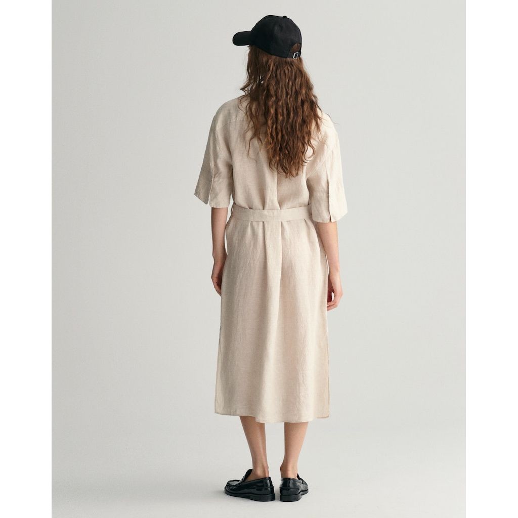 GANT Midi suknelė moterims, Smėlio, REL LINEN SS SHIRT DRESS 3