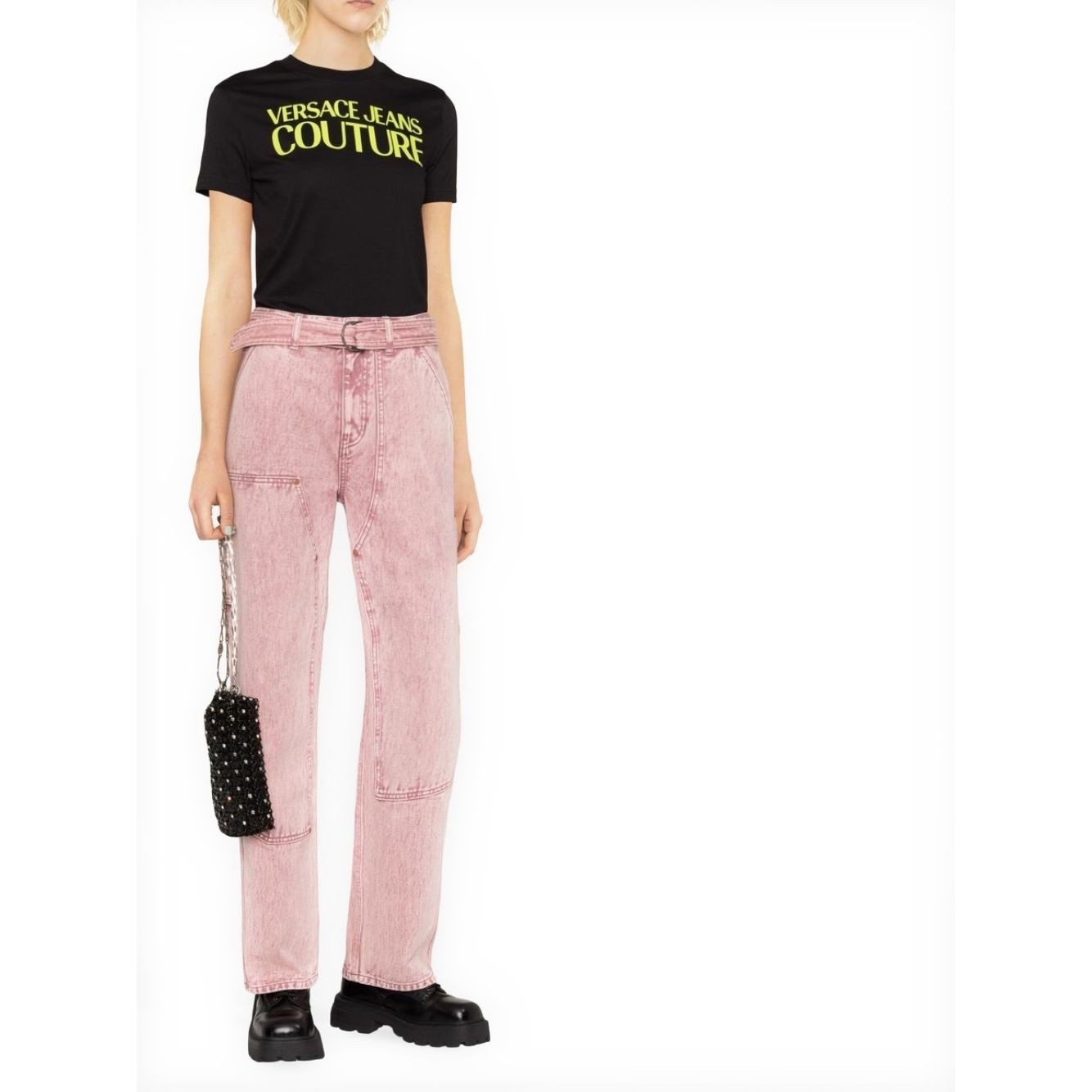 VERSACE JEANS CUTURE Marškinėliai trump. rankovėmis moterims, Juoda, Logo rubber t-shirt 2