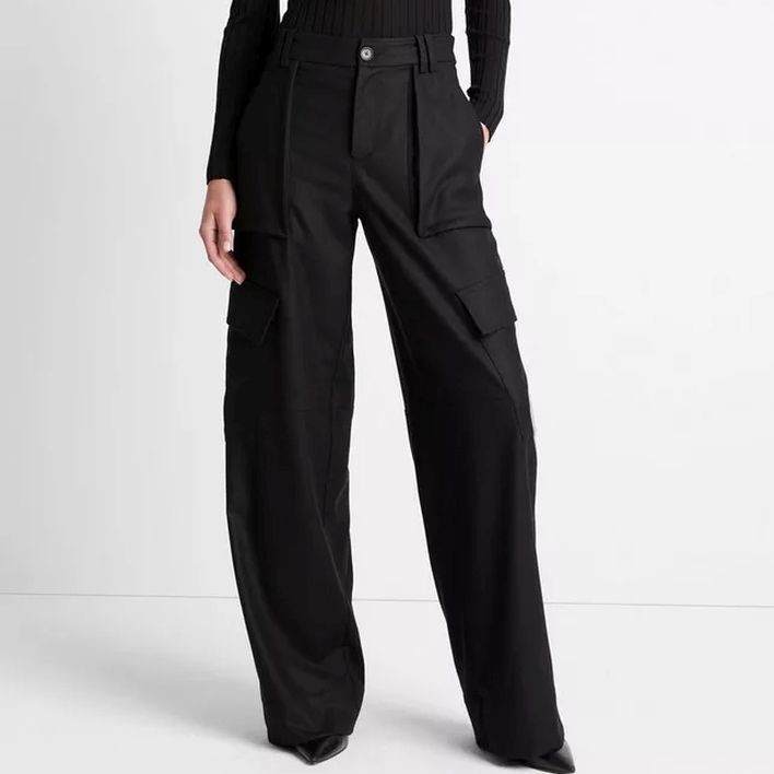 VINCE Kelnės moterims, Juoda, Flannel wide leg raver pants 1