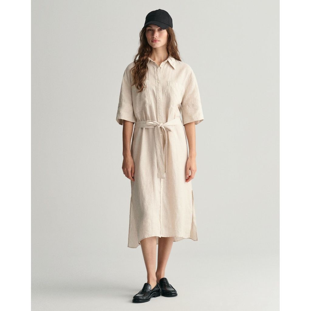GANT Midi suknelė moterims, Smėlio, REL LINEN SS SHIRT DRESS 2