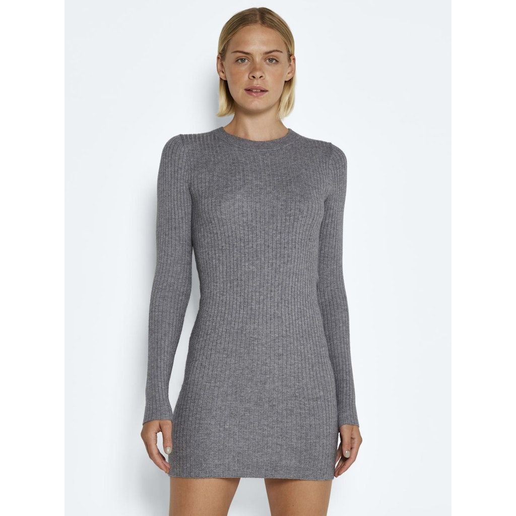 NOISY MAY Mini suknelė moterims, Pilka, NMSHIP L/S O-NECK RIB 6