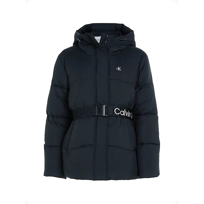 CALVIN KLEIN JEANS Pūkinė striukė moterims, Juoda, Logo belt short puffer 1