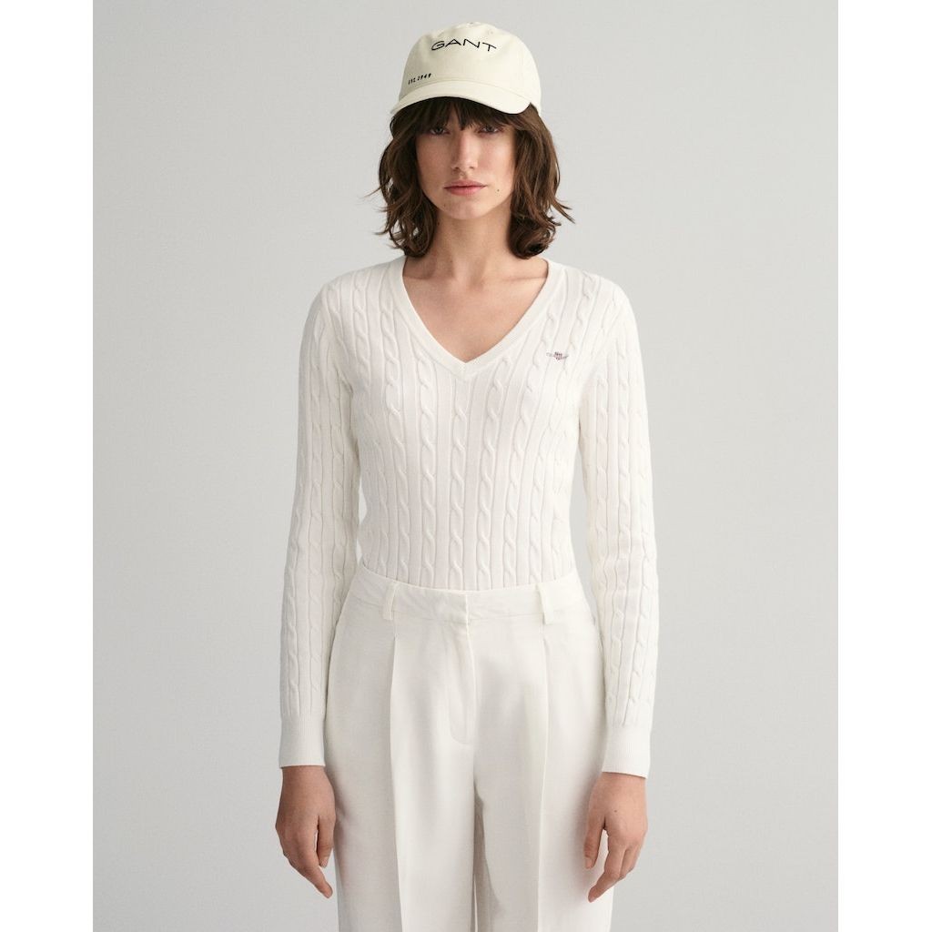 GANT Megztinis moterims, Geltona, STRETCH COTTON CABLE V-NECK 7