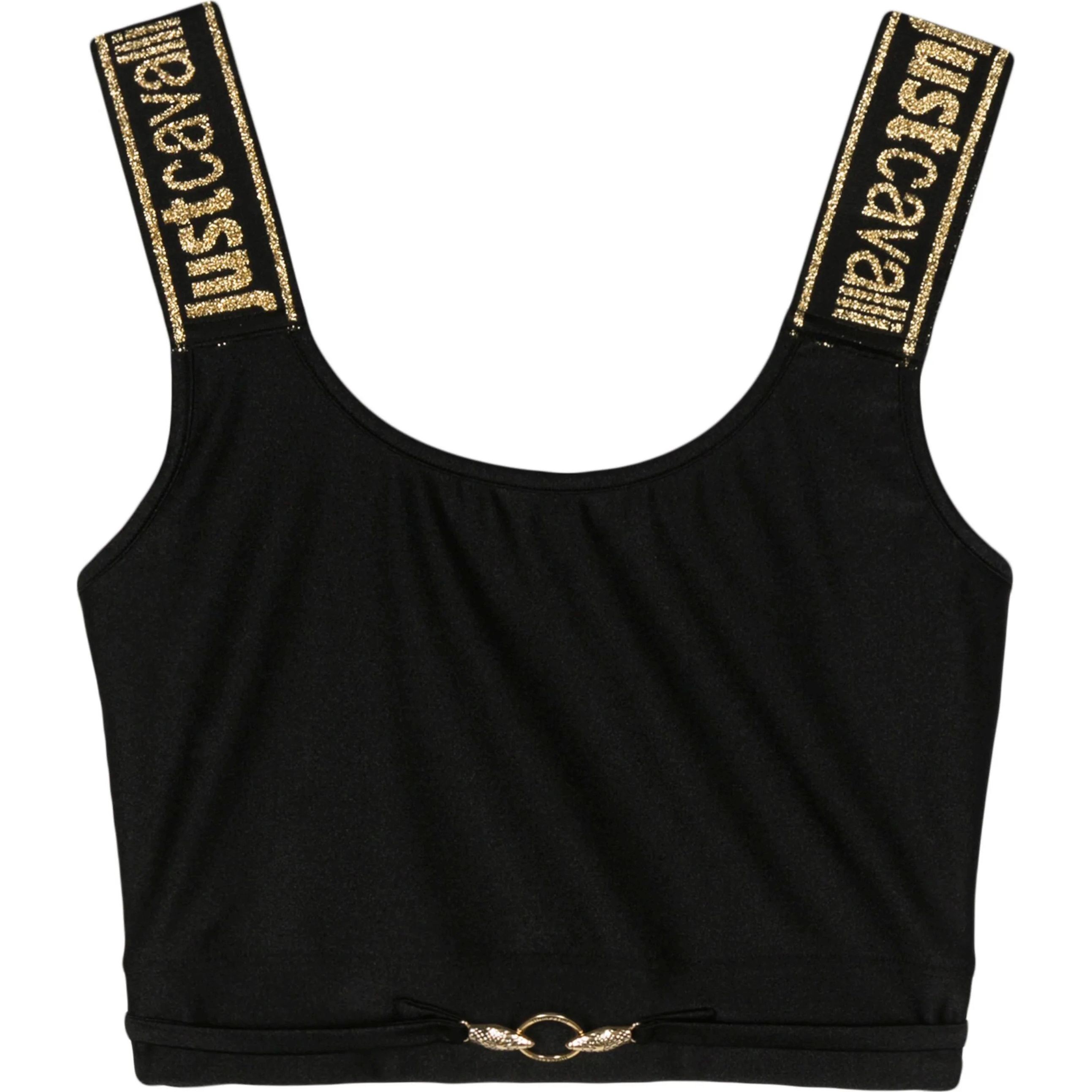 JUST CAVALI Trumpinti marškinėliai moterims, Juoda, Logo-plaque cropped top 1