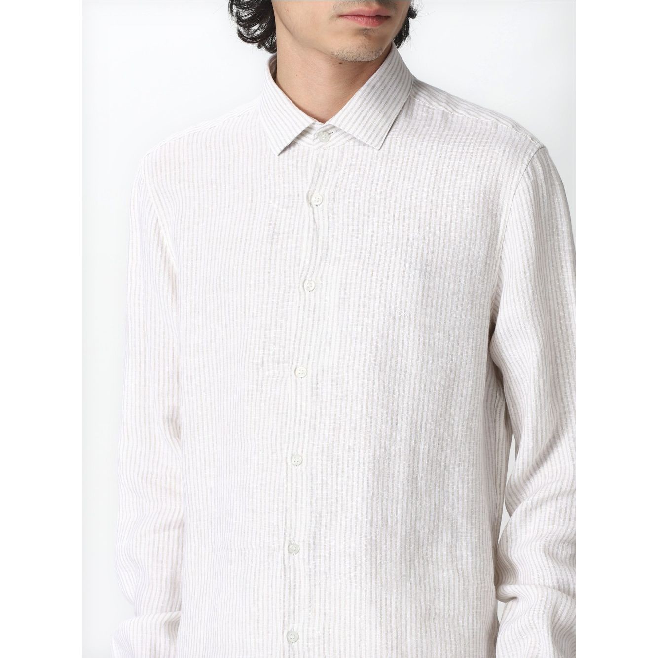 CALVIN KLEIN Marškiniai ilgomis rankovėmis vyrams, Smėlio, Linen stripe slim shirt 2