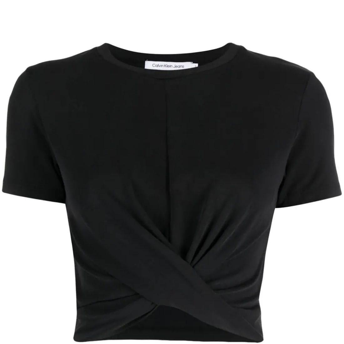 CALVIN KLEIN JEANS moteriški juodi marškinėliai Twisted cropped top