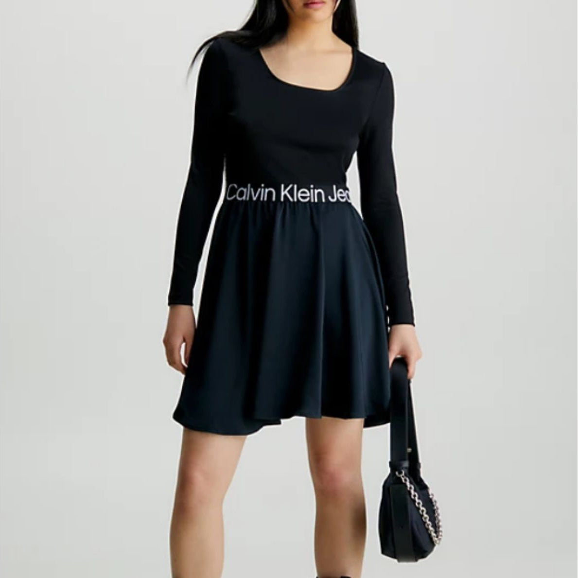 CALVIN KLEIN JEANS moteriška juoda suknelė Logo elastic ls dress
