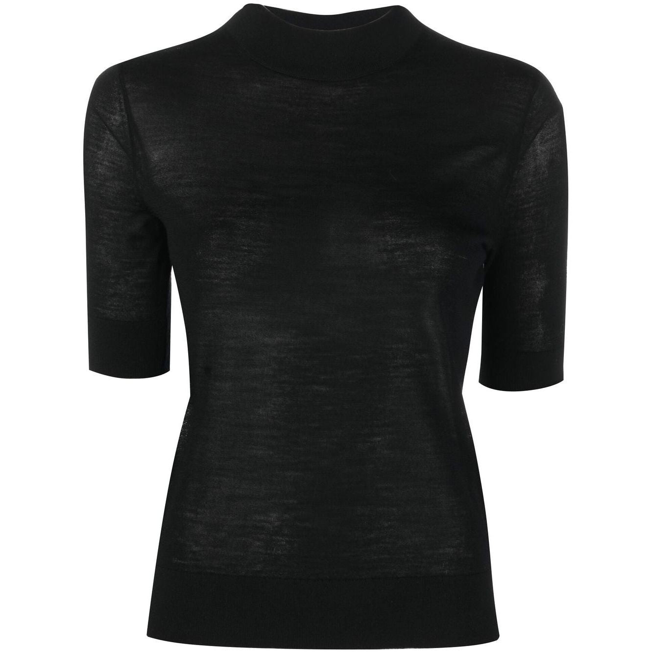 CALVIN KLEIN moteriški juodi vilnoniai marškinėliai trumpomis rankovėmis, aukštu kaklu