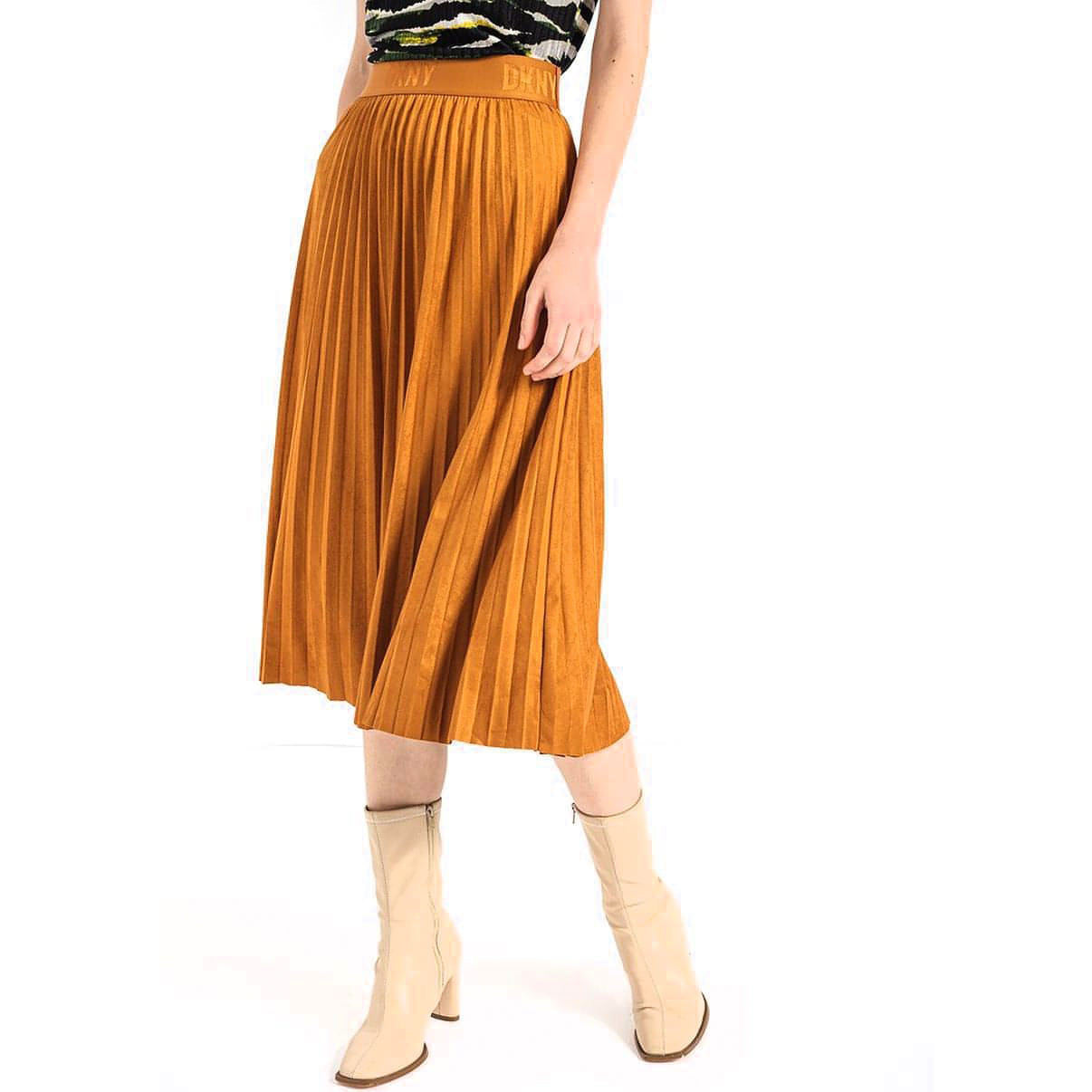 DKNY moteriškas rudas sijonas Suede midi pleated skirt