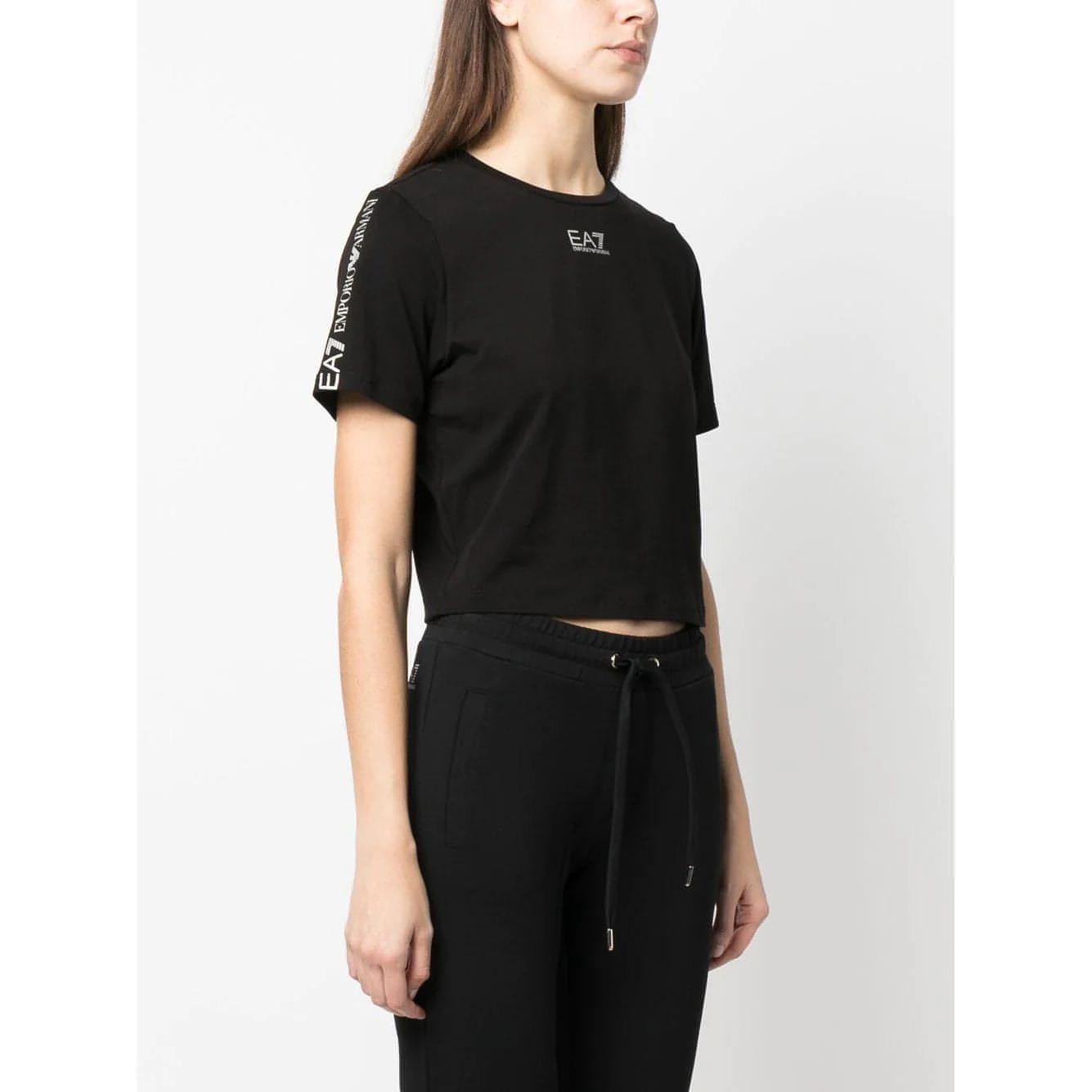 EA7 moteriški juodi marškinėliai trumpomis rankovėmis