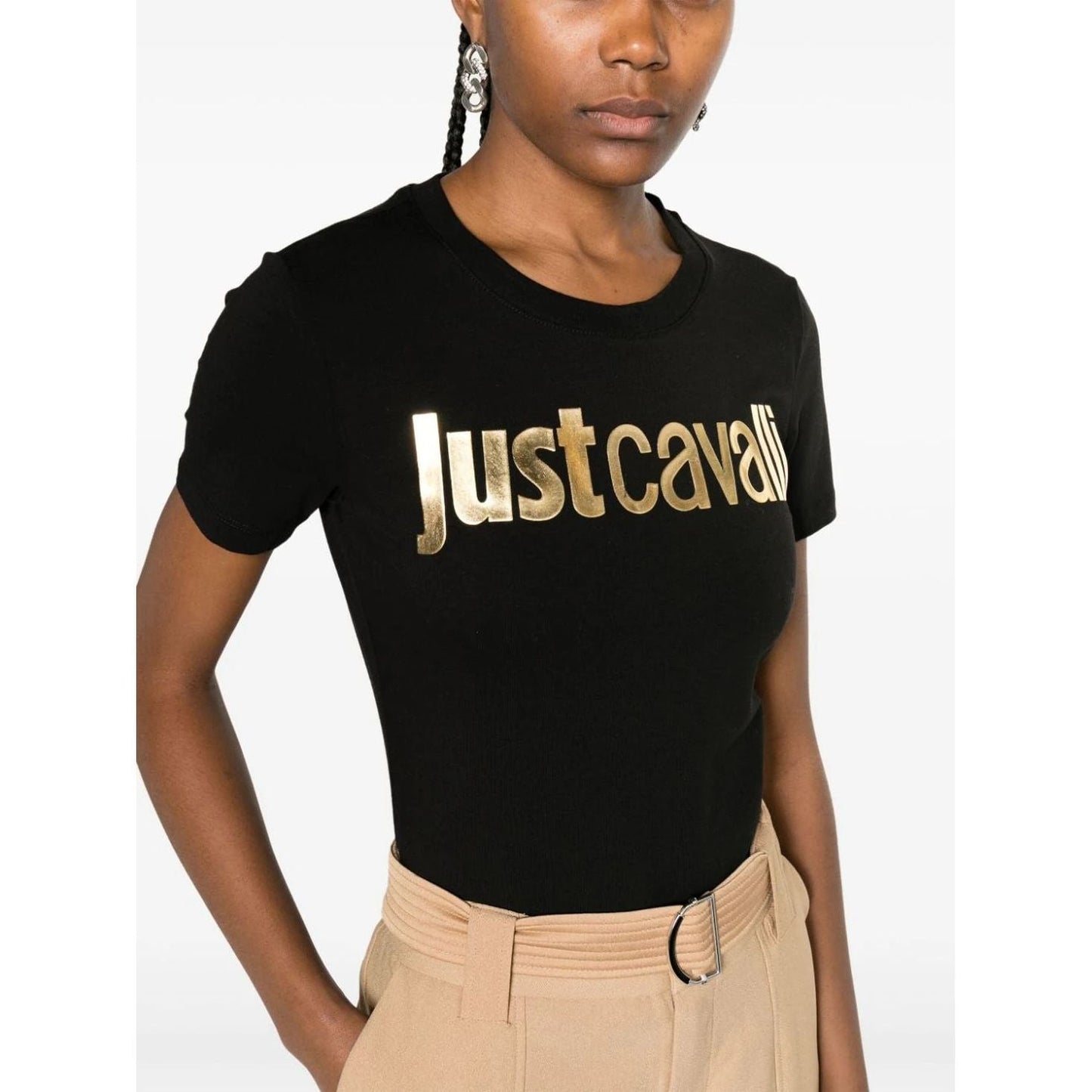JUST CAVALLI moteriški juodi marškinėliai trumpomis rankovėmis Logo t-shirt