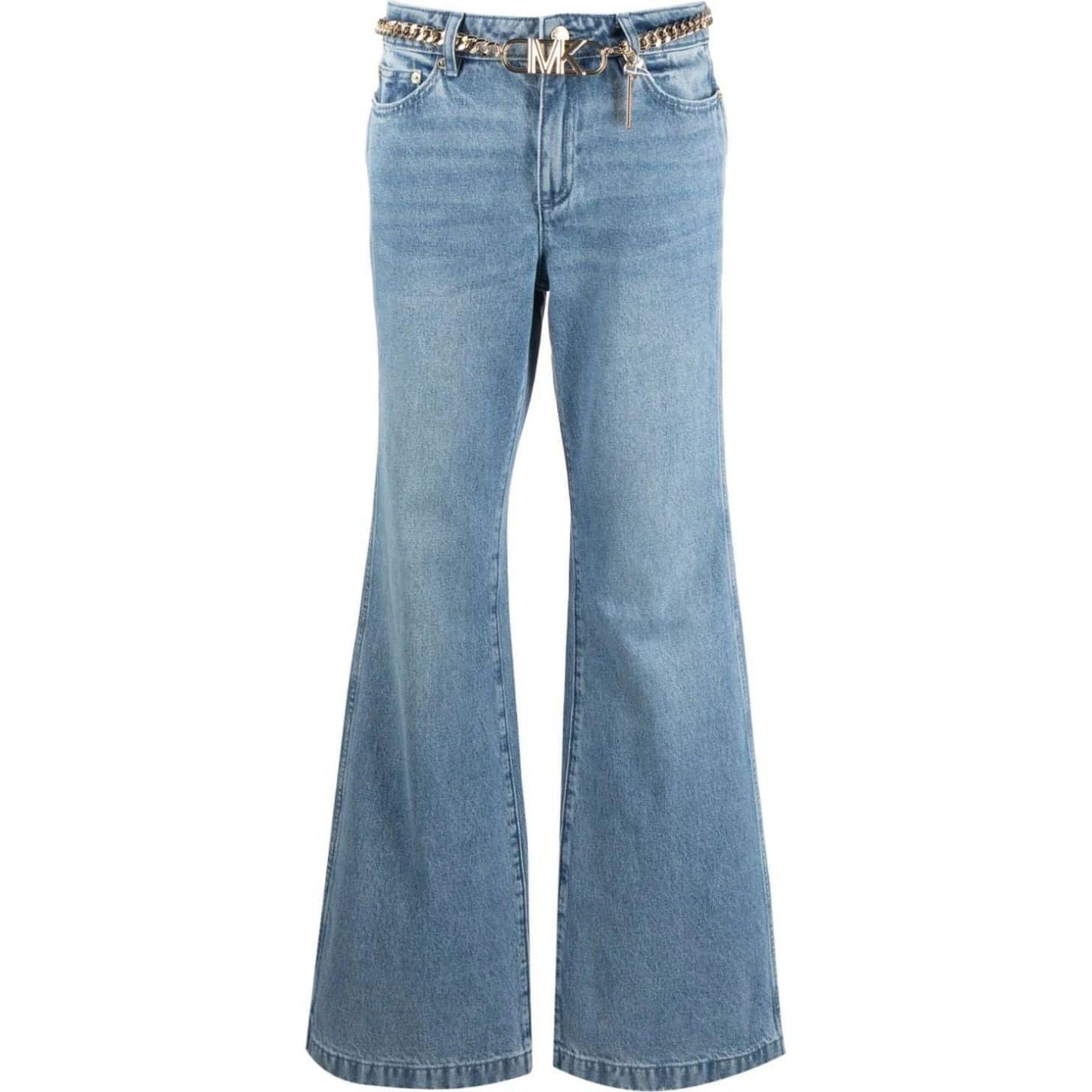 MICHAEL KORS moteriški mėlyni platėjantys džinsai Flare chain belt denim jean
