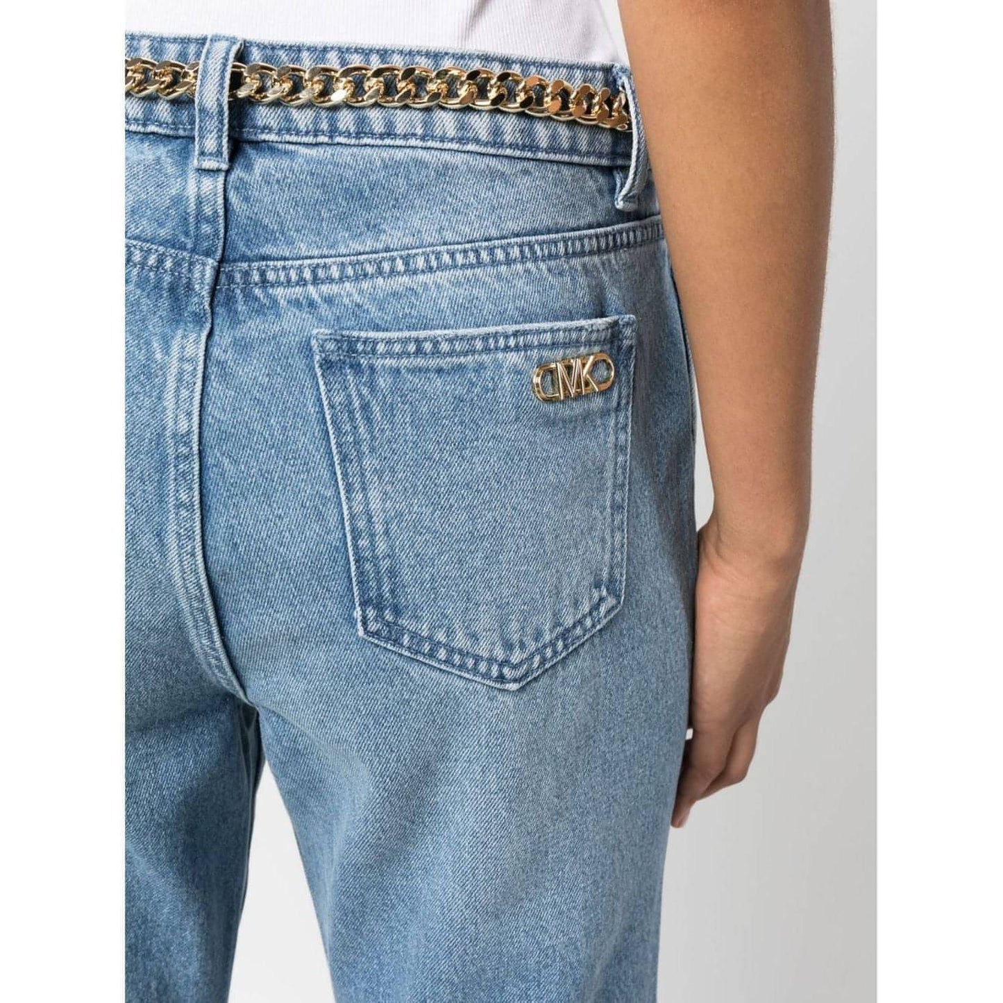 MICHAEL KORS moteriški mėlyni platėjantys džinsai Flare chain belt denim jean