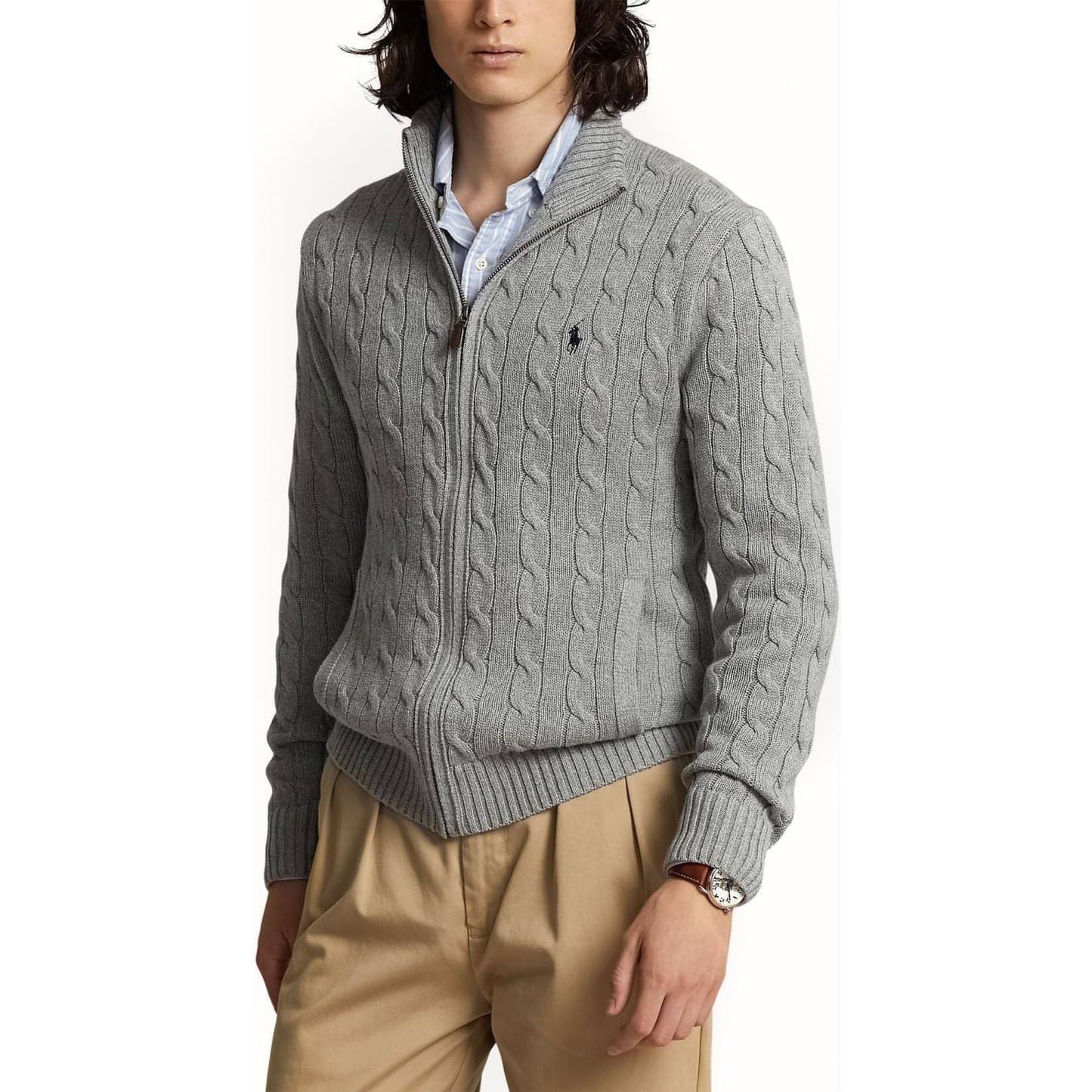 POLO RALPH LAUREN vyriškas pilkas megztinis Long sleeve full zip sweater