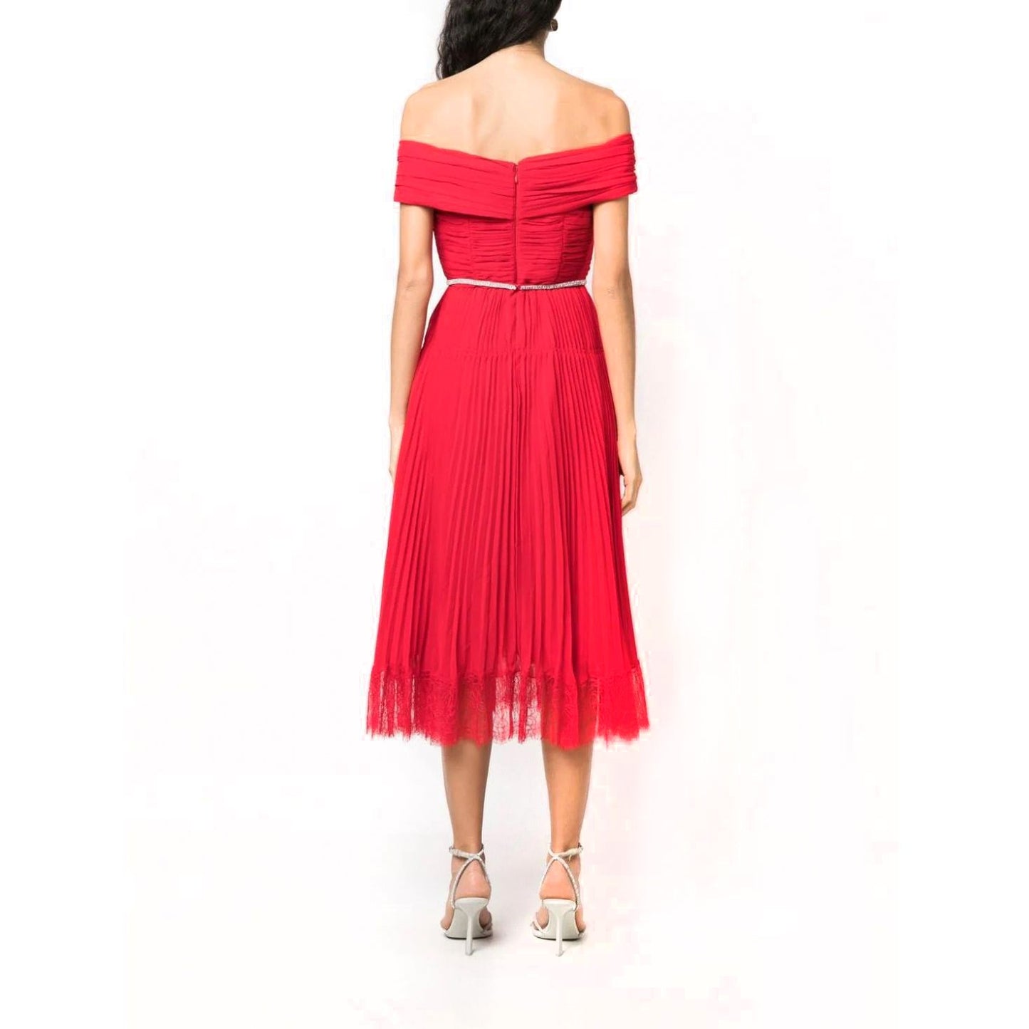 SELF PORTRAIT  moteriška  raudona  suknelė  Off shoulder midi dress