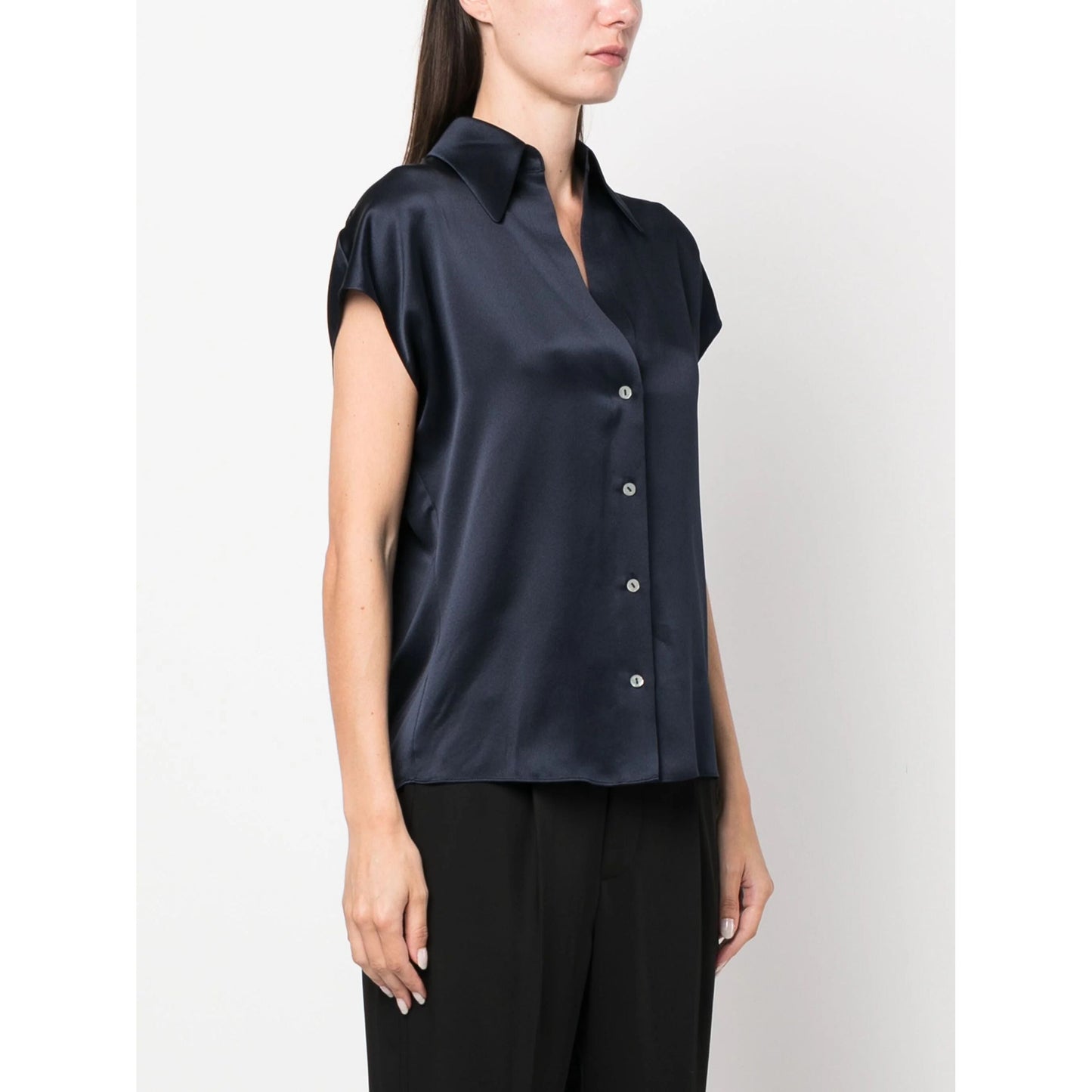 VINCE moteriški mėlyni marškiniai Cap sleeve ruched blouse