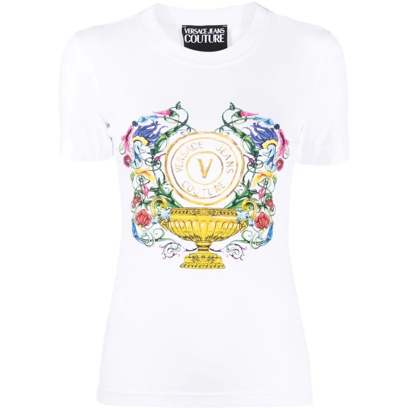 VERSACE JEANS COUTURE moteriški balti marškinėliai V-emblem garden t-shirt