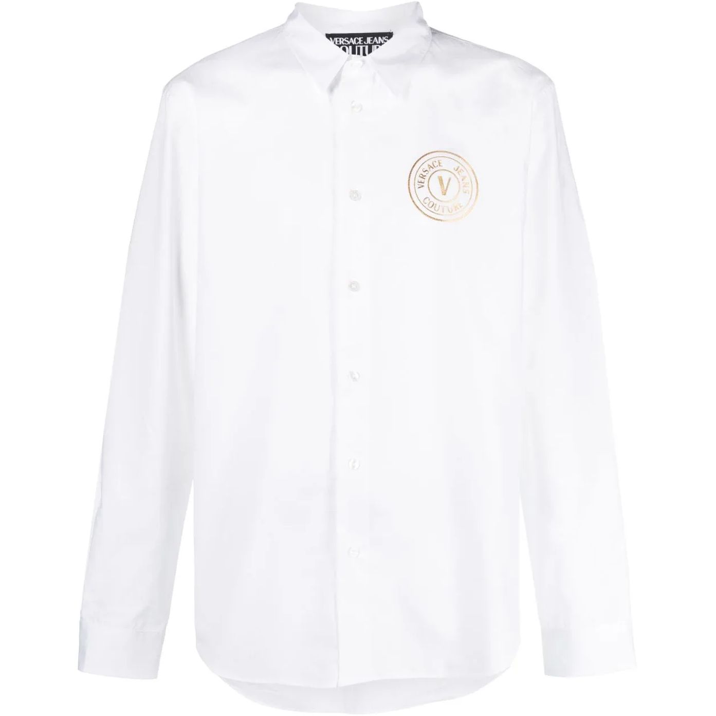 VERSACE JEANS COUTURE vyriški balti marškiniai ilgomis rankovėmis V emblem gold shirt